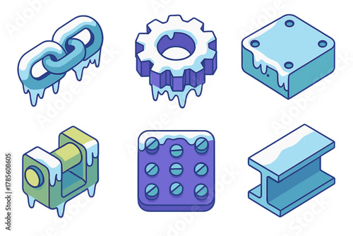 Frozen Machinery Icons. Frozen Machinery Details modern flat icon set: ice-coated chain, gear tooth, metallic panel, frozen hinge, bolt pattern, steel beam.