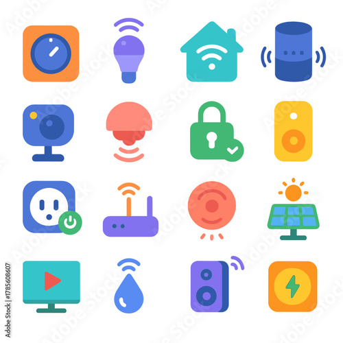 Smart home devices icons in modern flat vector style in minimalistic vibrant color design: thermostat, smart bulb, home hub, voice assistant, camera