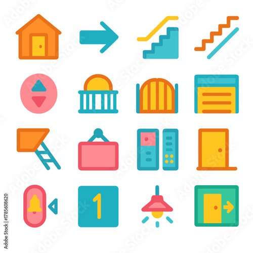 Home navigation icons in modern flat vector style in minimalistic vibrant color design: main entrance, hallway arrow, stairs up, stairs down, elevator