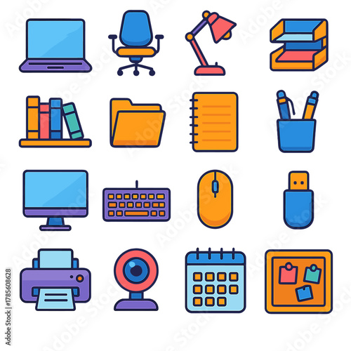 Home office setup icons in modern flat vector style in minimalistic vibrant color design: laptop, desk chair, desk lamp, document tray, bookshelf,