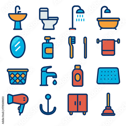 Bathroom elements icons in modern flat vector style in minimalistic vibrant color design: sink, toilet, shower, bathtub, mirror, soap dispenser,