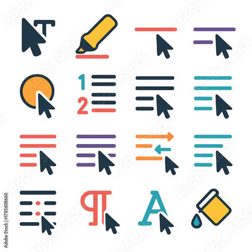 Cursor icons for editing icons in modern flat vector style in minimalistic vibrant color design: text insert cursor, highlight tool, underline icon,