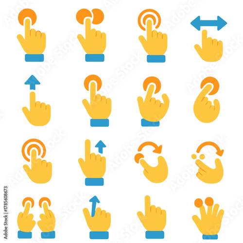 Touch and gesture icons icons in modern flat vector style in minimalistic vibrant color design: single tap, double tap, long press, swipe left, swipe