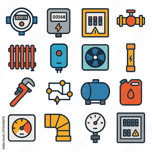 Household utilities icons in modern flat vector style in minimalistic vibrant color design: water meter, electric meter, breaker box, gas valve,