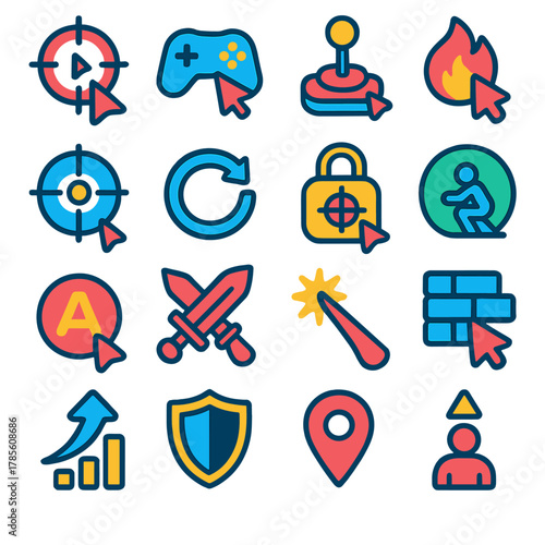 Gaming cursor icons icons in modern flat vector style in minimalistic vibrant color design: target crosshair, gamepad pointer, joystick aim, fire