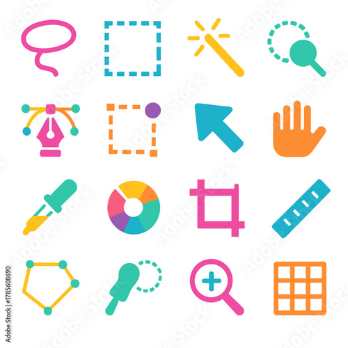 Selection tools icons in modern flat vector style in minimalistic vibrant color design: lasso tool, rectangular marquee, magic wand, quick select,