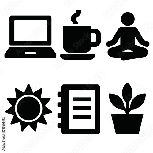 Work-Life Balance Icons. Work-Life Harmony bold vector icon set: laptop, coffee cup, yoga pose, sun, notebook, plant.