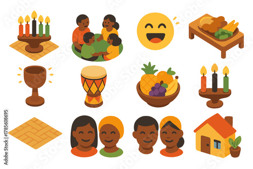 Kwanzaa Celebration Icons. Family Kwanzaa Celebration modern flat icon set: kinara on table, family circle, laughter, shared meal, unity cup, drum, fruit bowl, candles glowing,