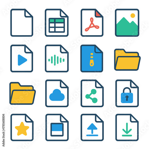 File types icons in modern flat vector style in minimalistic vibrant color design: document sheet, spreadsheet table, PDF icon, image photo, video