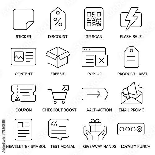 Promotional tools icons in minimalistic line art style: sticker icon, discount tag, QR scan, flash sale, content banner, freebie box, pop-up icon,
