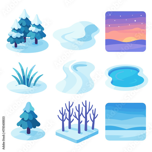 Serene Winter Icons. Calm Winter Scene modern flat icon set: snow-laden pines, gentle drift, empty trail, frozen pond, twilight glow, frosted grass, peaceful woods, cold horizon.