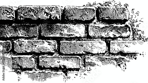 Black and White Engraving Style Illustration of an Old Textured Brick Wall Background with Grunge and Rustic Details
