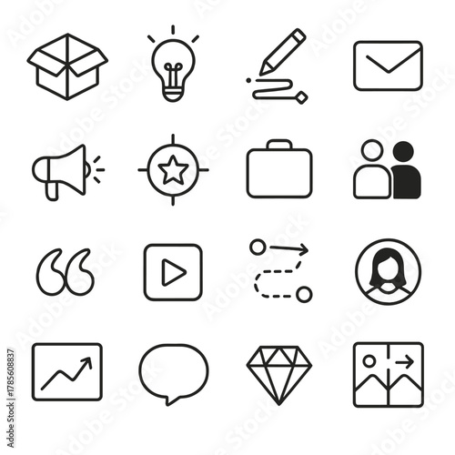 Product storytelling icons in minimalistic line art style: open box, spark idea, creation icon, message draft, brand voice, feature highlight, use