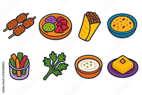 Middle Eastern Feast Icons. Middle Eastern Festive Meals modern flat icon set: kofta skewers, mezze tray, shawarma wrap, spiced rice bowl, pickled vegetables, fresh herbs bunch,