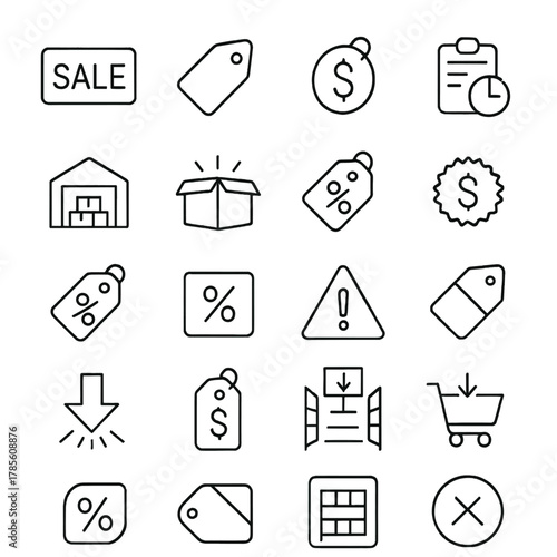 Clearance event icons icons in minimalistic line art style: final sale label, end of line tag, outlet price sticker, liquidation offer, warehouse deal