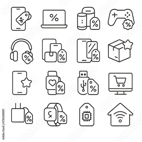 Tech and gadget deals icons in minimalistic line art style: mobile discount tag, laptop offer icon, smart device label, gaming promo, tech accessories