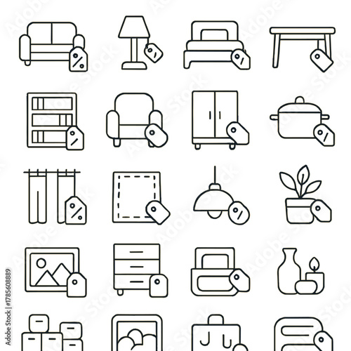 Furniture and home decor offers icons in minimalistic line art style: sofa tag, lamp discount, bed frame markdown, table sale, shelf sticker, chair