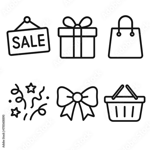 Seasonal Shopping Icons. Seasonal Sale outline icon set: sale sign, gift box, store bag, confetti, bow, shopping basket.
