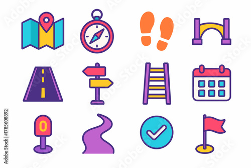 Isometric Progress Icons. Progress Journey modern flat icon set: map, compass, footprints, bridge, open road, arrow sign, ladder, calendar, milestone marker, path curve, checkmark,