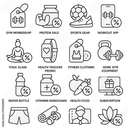 Fitness and health promos icons in minimalistic line art style: gym membership tag, protein sale icon, sports gear discount, workout app offer, yoga