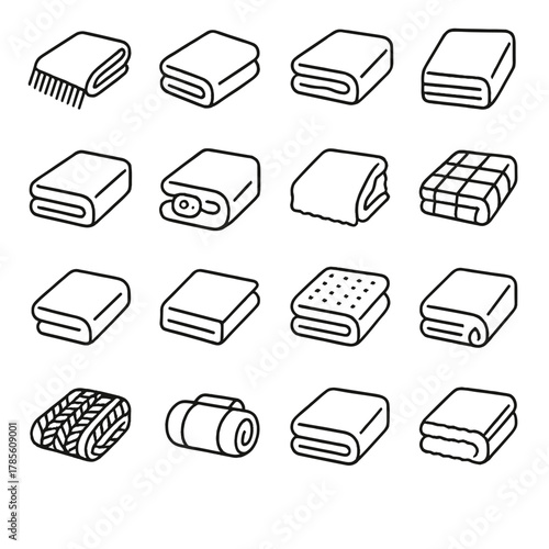 Blanket types and sizes icons in minimalistic line art style: throw blanket, lap blanket, twin blanket, queen blanket, king blanket, electric blanket,