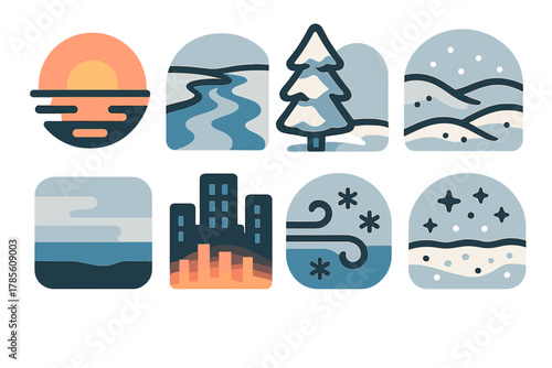 Frozen Dusk Icons. Frozen Dusk bold vector icon set: orange-pink sunset, icy river, snowy pine, frosty meadow, light haze, glowing skyline, cold breeze, glimmering snow.
