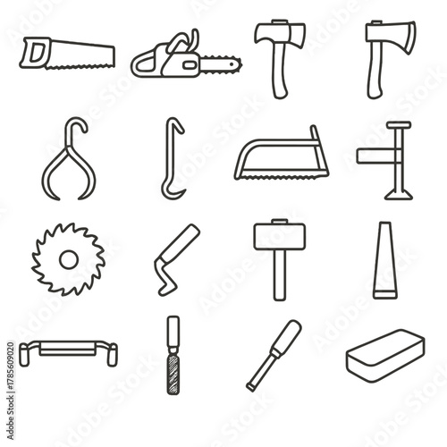 Woodcutting tools and equipment icons in minimalistic line art style: handsaw, chainsaw, axe, hatchet, logging hook, log peavey, bow saw, crosscut saw