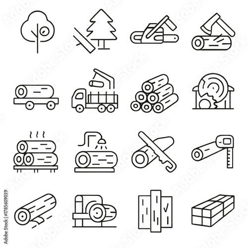 Tree logging process icons in minimalistic line art style: tree marking, felling tree, cutting log, debranching, transporting log, loading truck,