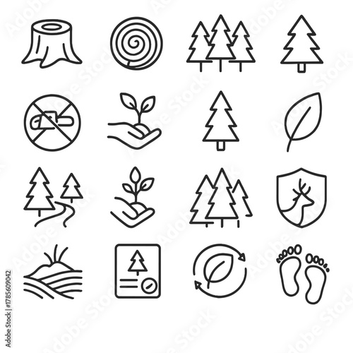 Forestry and environment icons in minimalistic line art style: tree stump, tree ring, forest icon, pine tree, chainsaw ban symbol, reforestation icon,