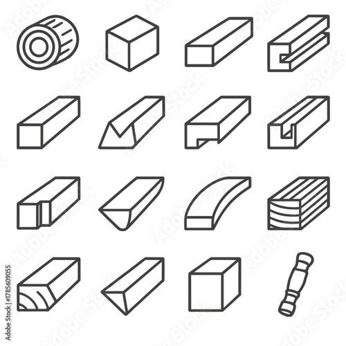 Lumber shapes and cuts icons in minimalistic line art style: round log, square timber, rectangular plank, tongue-and-groove, beveled edge, V-joint,