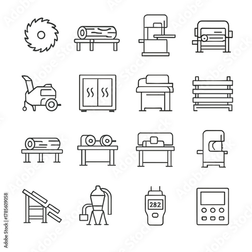 Sawmill components icons in minimalistic line art style: saw blade, log conveyor, cutting machine, debarker, wood chipper, kiln dryer, planer,