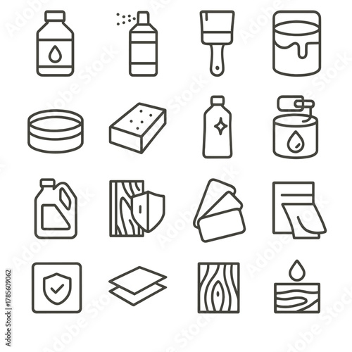 Wood finishes and treatments icons in minimalistic line art style: stain bottle, lacquer spray, paintbrush, varnish can, wax tin, sanding block, wood