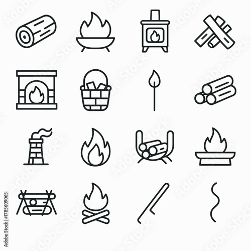 Firewood and heating icons in minimalistic line art style: chopped log, fire pit, wood stove, kindling pile, fireplace icon, wood basket, ignition