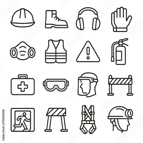 Safety and protection icons in minimalistic line art style: hard hat, safety boots, ear protection, gloves, dust mask, safety vest, warning sign, fire
