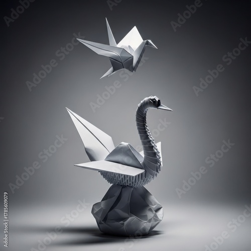 Fototapeta Naklejka Na Ścianę i Meble -  Origami paper swan and crane art on gray studio background, paper craft.