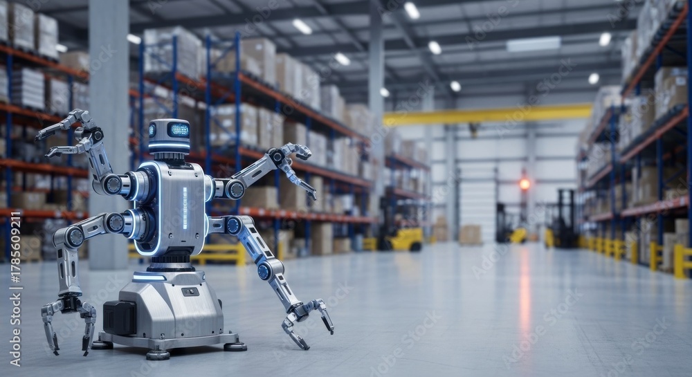 Naklejka premium A robot in a warehouse with boxes and machinery.