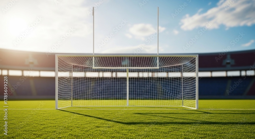 Fototapeta premium A soccer goalpost in a stadium with a clear blue sky in the background.