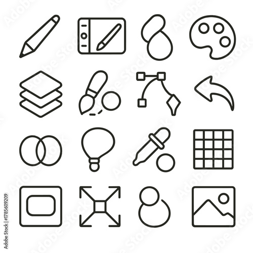 Digital painting tools icons in minimalistic line art style: digital pen, graphic tablet, color picker, digital palette, layers icon, brush settings,