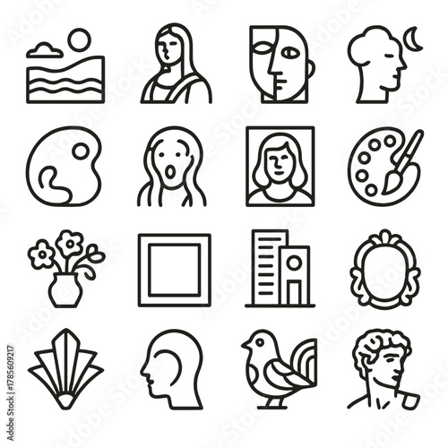Traditional art styles icons in minimalistic line art style: impressionism, realism, cubism, surrealism, abstract, expressionism, pop art, pointillism
