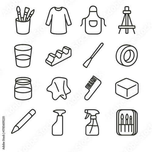 Painting accessories icons in minimalistic line art style: brush holder, smock, apron, easel light, paint cup, brush rest, paint stirrer, painter's