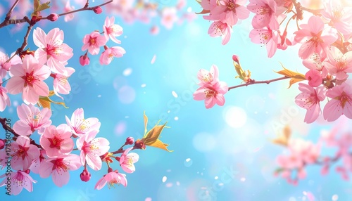 Pink cherry blossom flowers bloom on a tree branch, creating a beautiful spring nature background under the sky