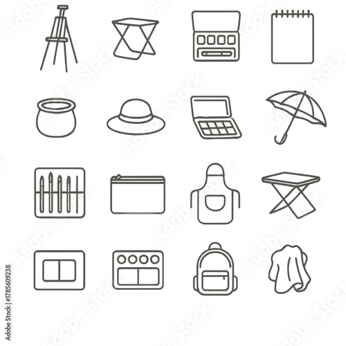 Plein air painting kit icons in minimalistic line art style: field easel, portable stool, paint set, sketch pad, water container, sun hat, travel