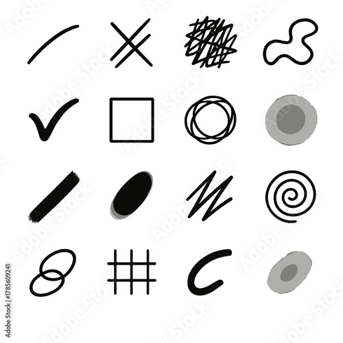 Artistic moods and expression icons in minimalistic line art style: calm stroke, energetic lines, chaotic texture, harmonious flow, emotional mark,