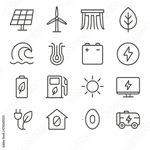 Renewable energy sources icons in minimalistic line art style: solar panel, wind turbine, hydro dam, biomass leaf, tidal wave, geothermal pipe, energy