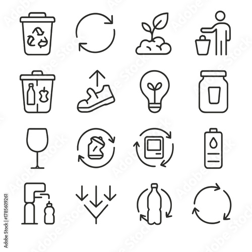 Waste reduction and recycling icons in minimalistic line art style: recycle bin, reuse arrow, compost icon, no littering, trash separation, upcycle