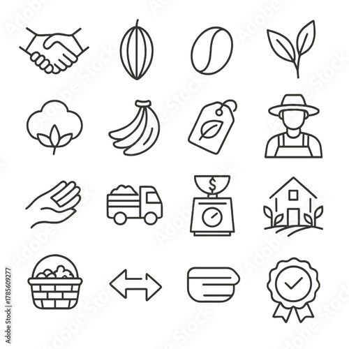 Fair trade farming icons in minimalistic line art style: farmer handshake, cacao pod, coffee bean, tea leaf, cotton ball, banana bunch, ethical tag,