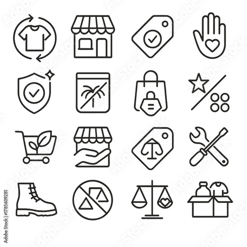 Conscious consumer behavior icons in minimalistic line art style: second-hand icon, local shop, product label, handmade icon, ethical rating, no palm