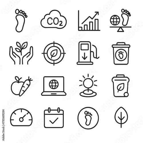 Carbon footprint awareness icons in minimalistic line art style: footprint icon, CO2 cloud, emission chart, climate balance, offset icon, eco activity