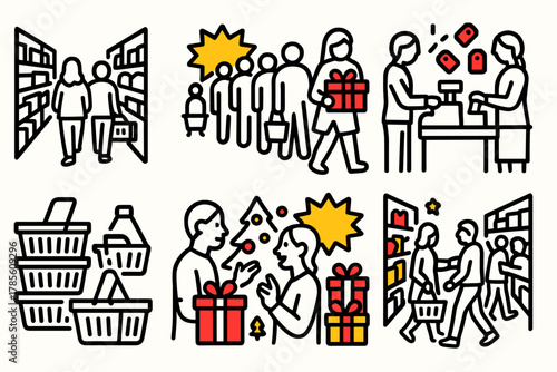 Festive Shopping Frenzy. Seasonal Store Energy outline icon set: packed aisles, flashing sales, long lines, gift displays, cash register, shopping baskets, shoppers talking,