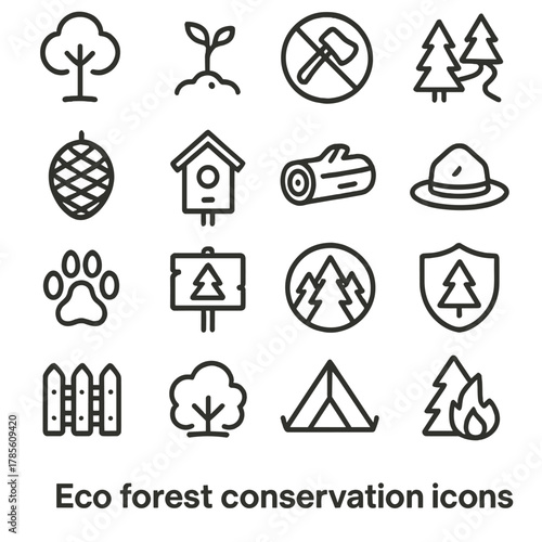 Eco forest conservation icons in minimalistic line art style: tree, sapling, axe crossed out, forest trail, pine cone, birdhouse, fallen log, ranger